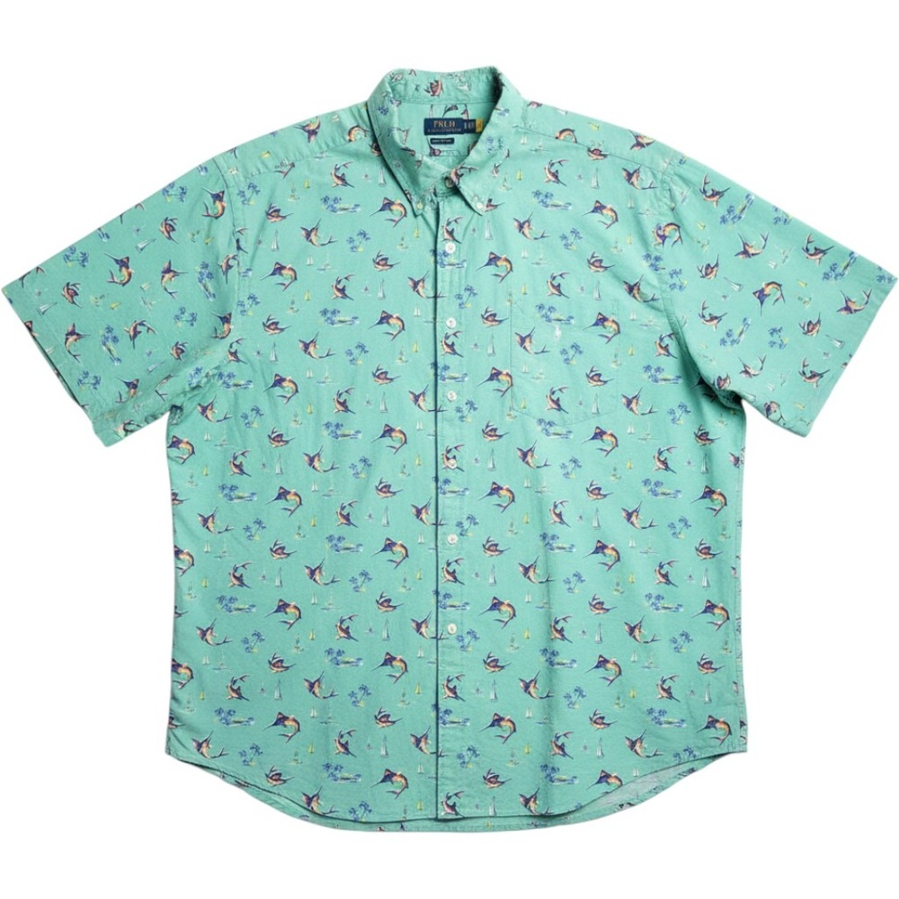 Polo Ralph Lauren Shirt Mens 4XLT Green Marlin Tropical RL Untucked Fit Resort